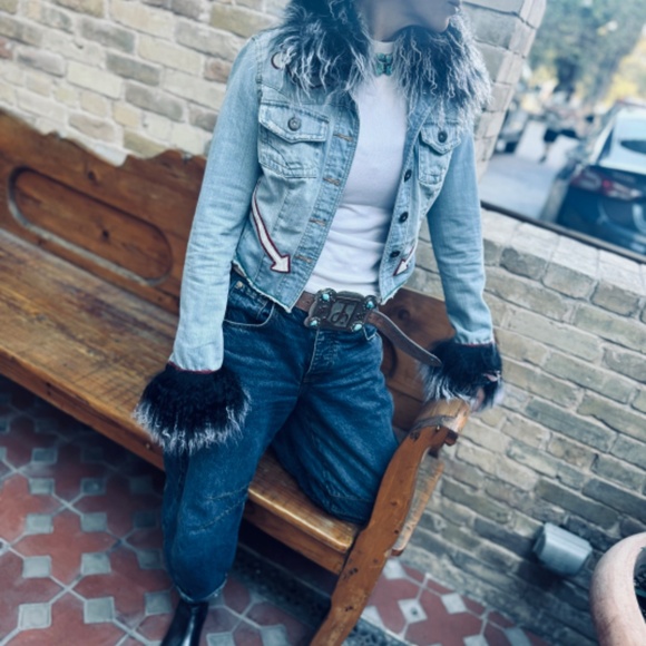 Chic Upcycled Denim Jacket with Mongolian Lamb Fur Collar and Cuffs with Cowhide - Picture 4 of 14